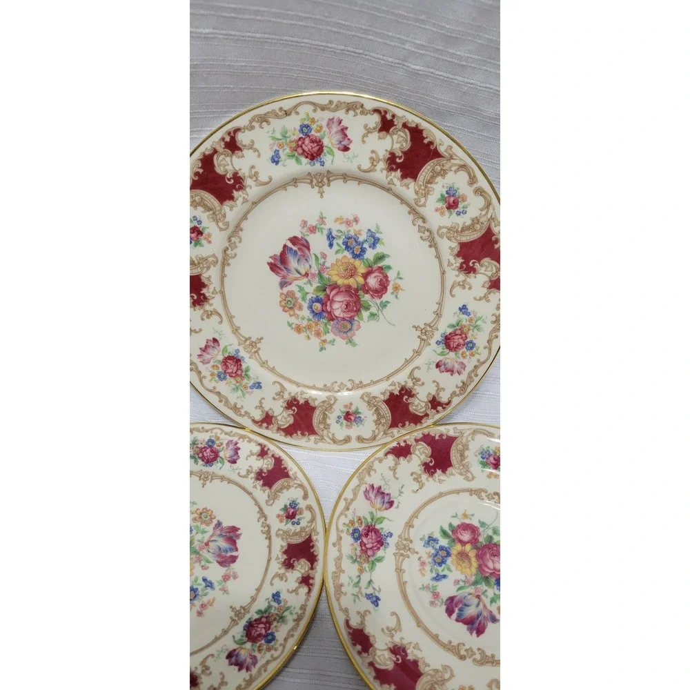 Syracuse China Old Ivory Romance Maroon Floral Dinnerware Set 6pc Gold Rim